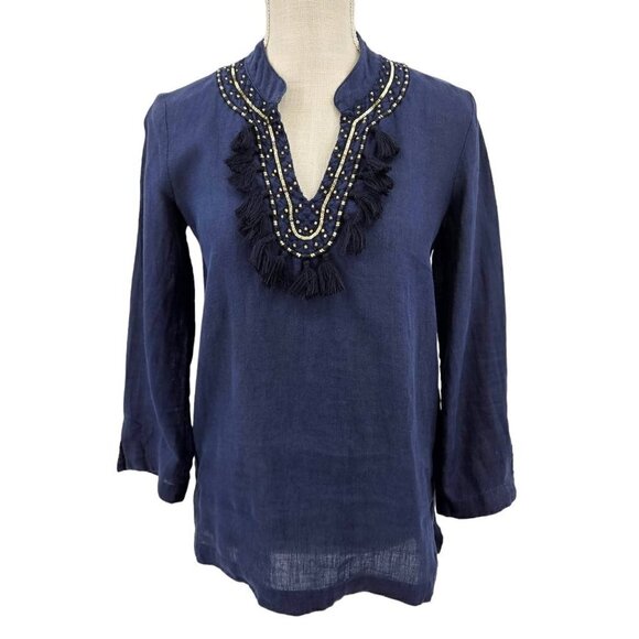 Lilly Pulitzer Amelia Island Tunic Top True Navy Women's XS Linen Fringe Preppy - Picture 2 of 13
